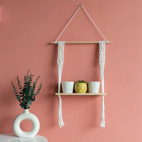 Beads & Pine Wood MacramÃ© Wall Hanging Shelf With String Lights