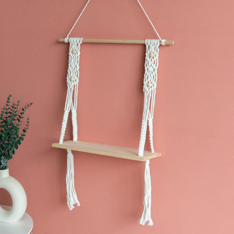 Beads & Pine Wood Macramé Wall Hanging Shelf With String Lights Macrame Shelf June Trading   