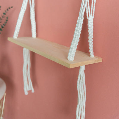 Beads & Pine Wood Macramé Wall Hanging Shelf With String Lights Macrame Shelf June Trading   