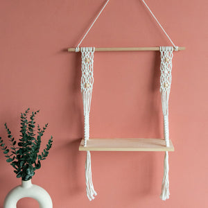 Beads & Pine Wood Macramé Wall Hanging Shelf With String Lights Macrame Shelf June Trading   