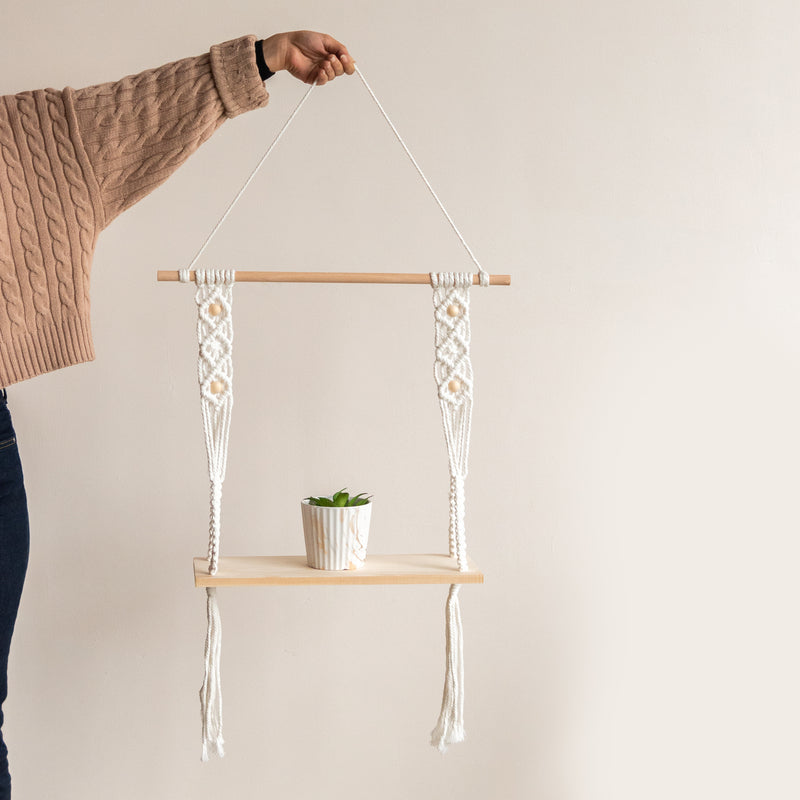 Beads & Pine Wood Macramé Wall Hanging Shelf With String Lights Macrame Shelf June Trading   