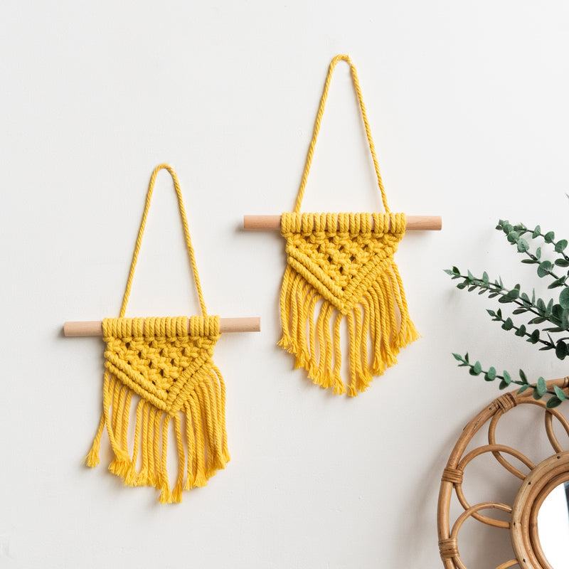 Set Of 2 Mustard Macrame Handmade Wall Hanging WIth Fairy Lights Macrame June Trading   