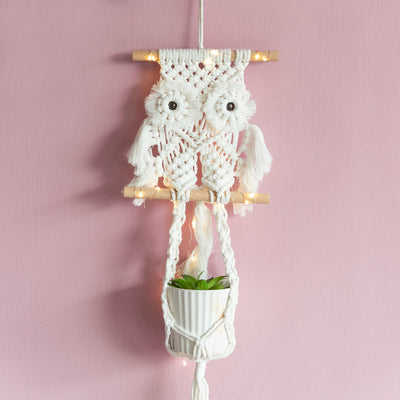 Decorative Owl Macrame Handmade Wall Hanging With Fairy Lights (Planter not included) Macrame June Trading   