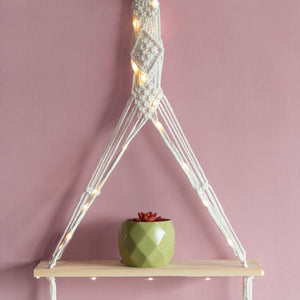 Pine Wood Macrame Wall Hanging Shelf With Fairy Lights Macrame June Trading   