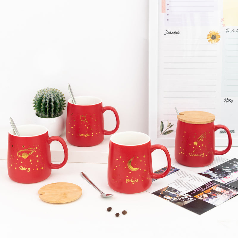Crimson Red Starry Night Ceramic Mug With Wooden Lid & Spoon Coffee Mugs June Trading   