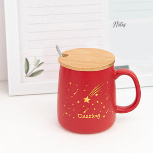 Crimson Red Starry Night Ceramic Mug With Wooden Lid & Spoon Coffee Mugs June Trading   