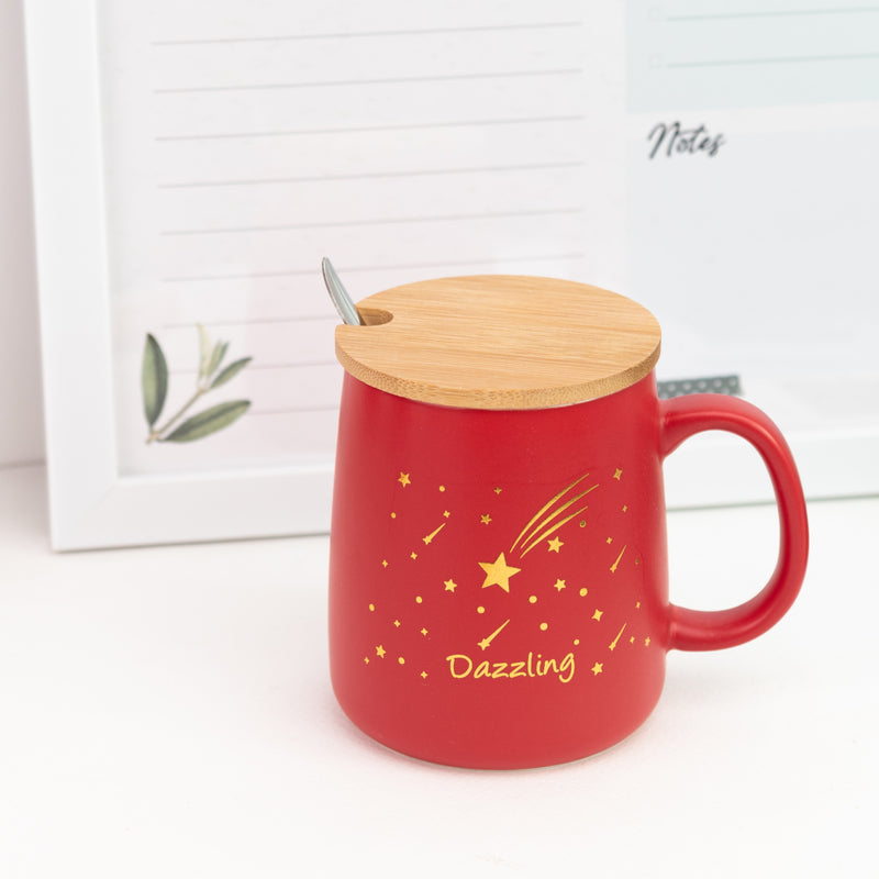 Crimson Red Starry Night Ceramic Mug With Wooden Lid & Spoon Coffee Mugs June Trading   