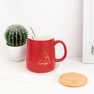 Crimson Red Starry Night Ceramic Mug With Wooden Lid & Spoon Coffee Mugs June Trading   