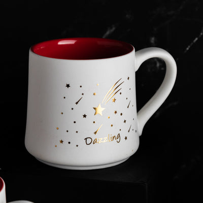 Starry Night - Red, White & Gold Ceramic Mug WIth Wooden Lid & Spoon Coffee Mugs June Trading   