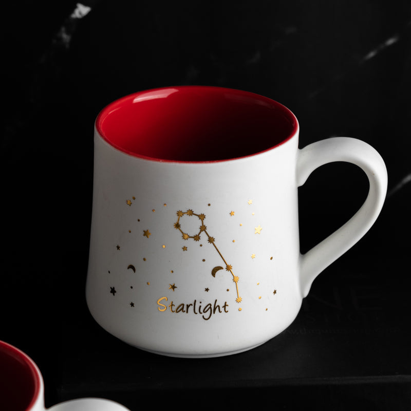 Starry Night - Red, White & Gold Ceramic Mug WIth Wooden Lid & Spoon Coffee Mugs June Trading   