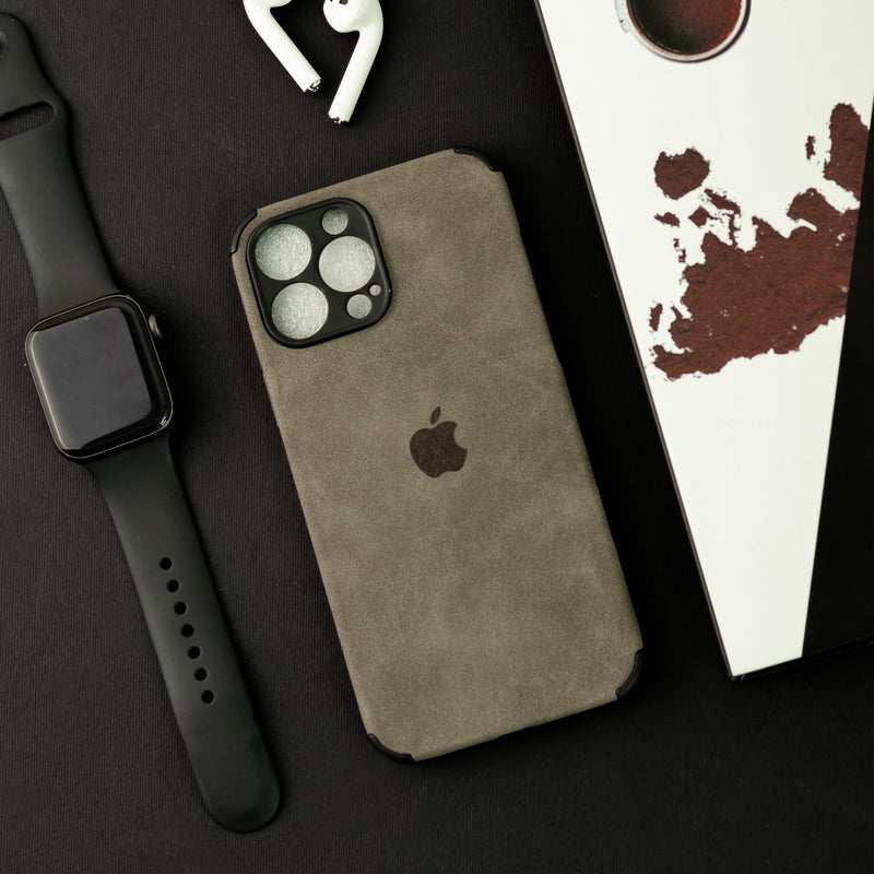 Ash Black Premium Suede Textured iPhone Case With Apple Logo Mobile Phone Cases June Trading iPhone 13 Pro  