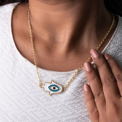 Blue On White Evil Eye Pendant - Necklace Necklace June Trading   