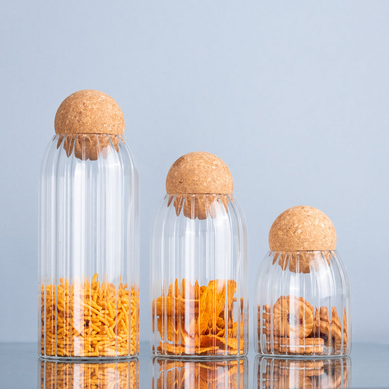 Ridge Glass Jar With Cork Ball Lid (Set of 3) Glass Jars June Trading   