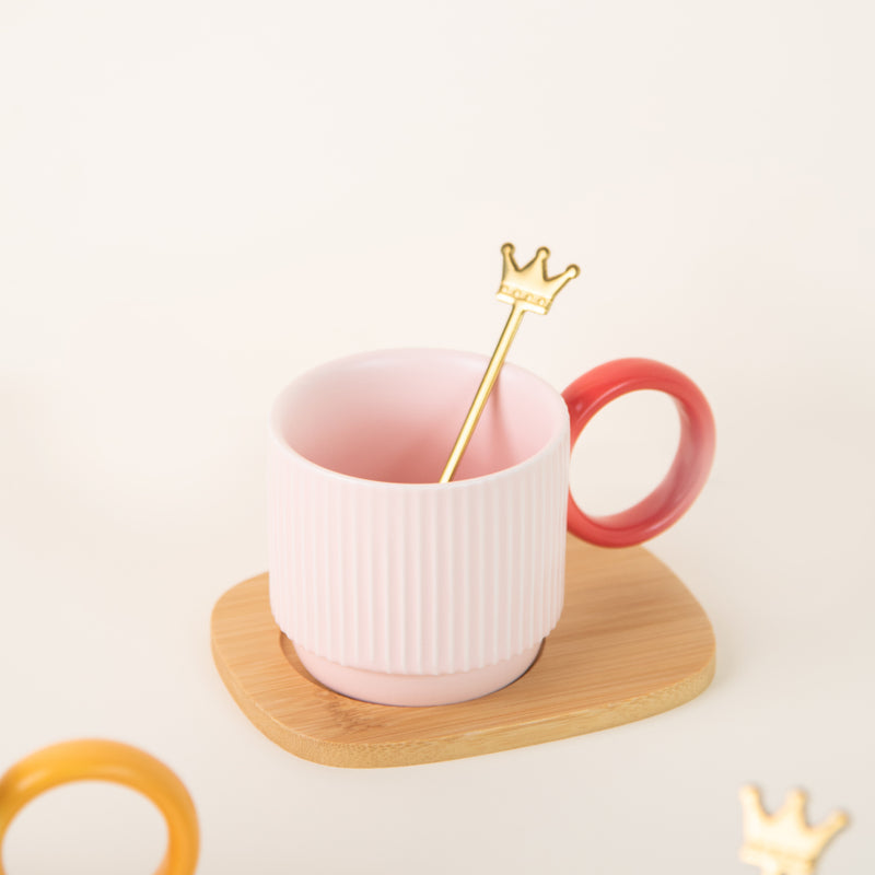 Pop It Up Ripple Ceramic Cup & Spoon Set Coffee Mugs June Trading Baby Pink & Red  