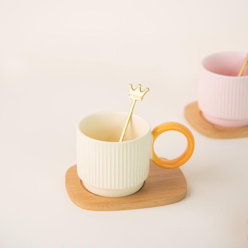 Pop It Up Ripple Ceramic Cup & Spoon Set Coffee Mugs June Trading Cream White & Yellow  