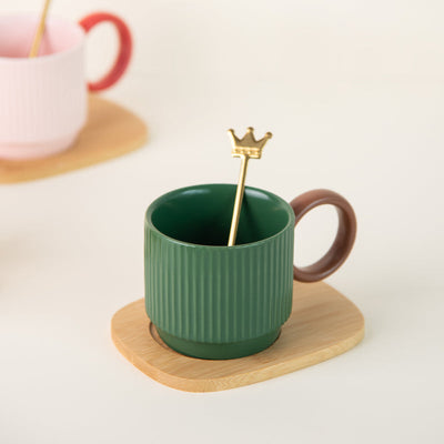 Pop It Up Ripple Ceramic Cup & Spoon Set Coffee Mugs June Trading Stylish Green & Brown  