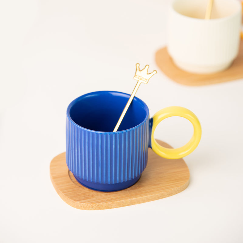Pop It Up Ripple Ceramic Cup & Spoon Set Coffee Mugs June Trading Royal Yellow & Blue  