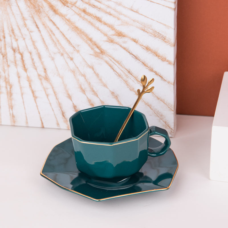 Royal Geometric Gold Rim Ceramic Mug Coffee Mugs June Trading Elegant Green  