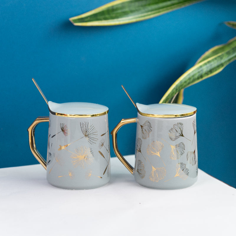 Ornate Accent Mug With Lid & Spoon Coffee Mugs June Trading Gingko Leaves Grey 2  
