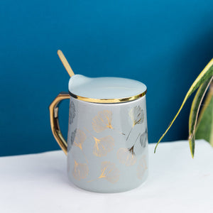 Ornate Accent Mug With Lid & Spoon Coffee Mugs June Trading Gingko Leaves Grey  