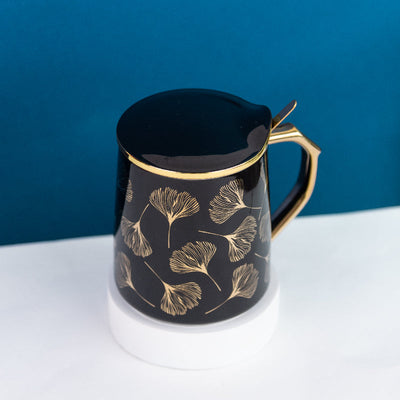 Ornate Accent Mug With Lid & Spoon Coffee Mugs June Trading Gingko Leaves Black  