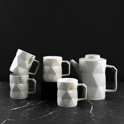 Geometrical Ceramic Tea Cup & Tea Pot Set With Serving Tray Tea & Coffee Sets June Trading 4 Cups and Kettle (without Tray)  
