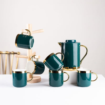 Emerald Tea Cup & Tea Pot Set with Wooden Cup Organizer Stand Tea & Coffee Sets June Trading 6 Tea Cups & Tea Pot Set (with Stand)  
