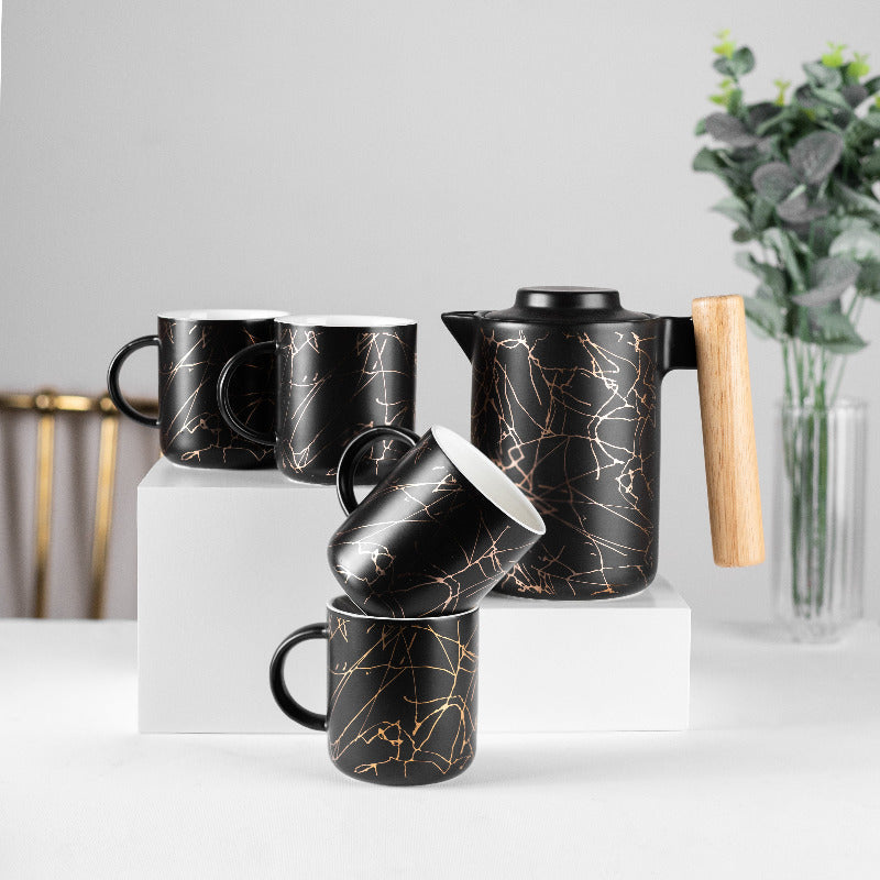 Gold Marble Pattern Tea Cup with Tea Pot Set Tea & Coffee Sets June Trading 4 Tea Cups & Serving Pot (without Tray)  