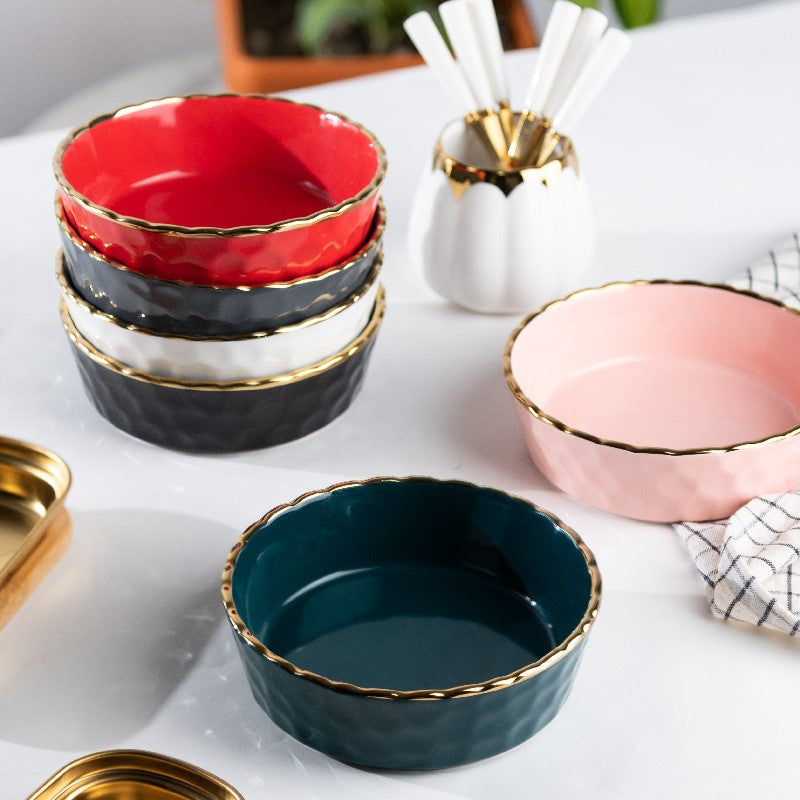 Hammered Textured Gold Rim Salad Bowl (Set of 2) Pasta Bowl June Trading   