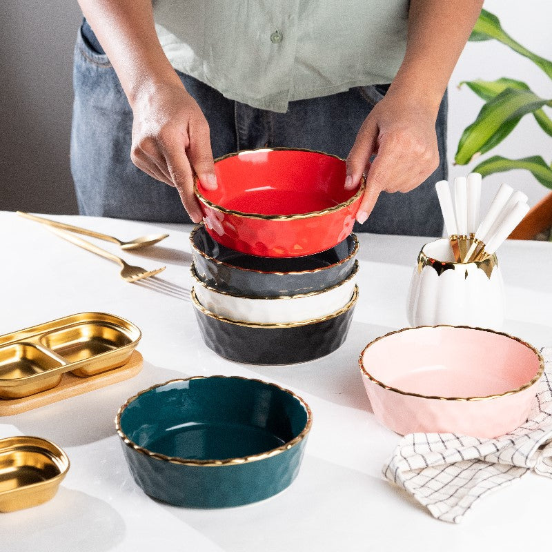 Hammered Textured Gold Rim Salad Bowl (Set of 2) Pasta Bowl June Trading   