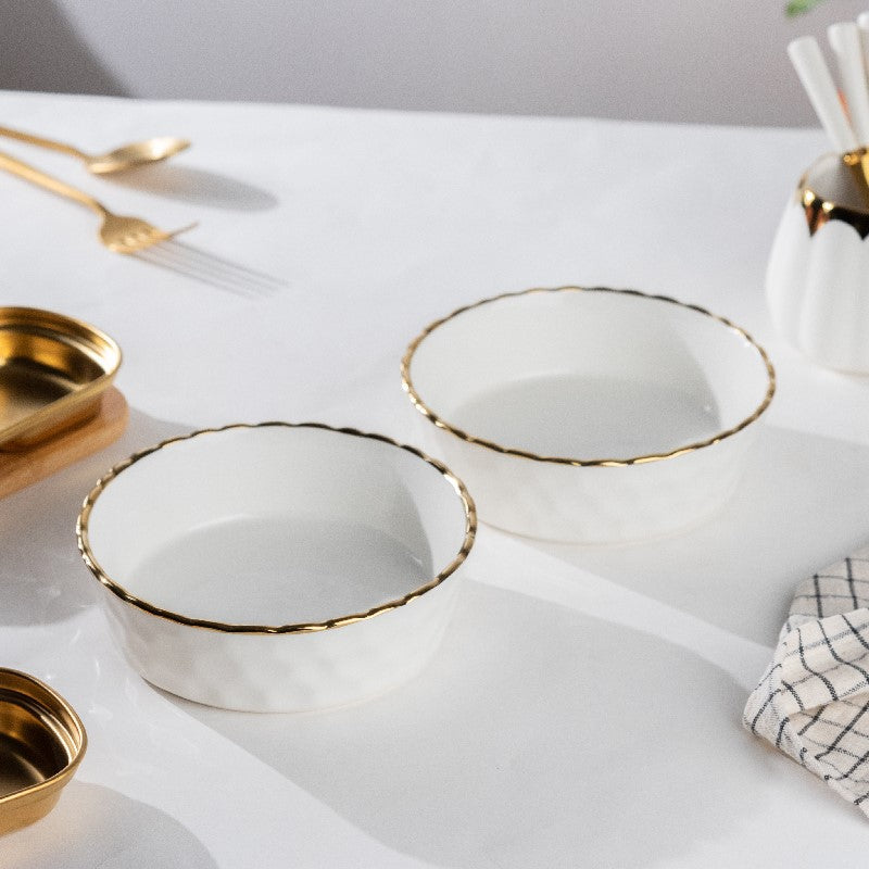 Hammered Textured Gold Rim Salad Bowl (Set of 2) Pasta Bowl June Trading Pearl White  