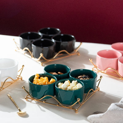 Allure Appetizer Platter With Golden Rack Serving Bowls June Trading   