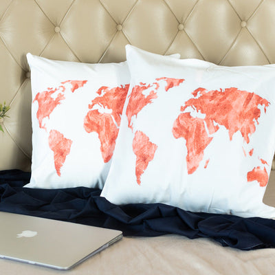 World Map Cushion Covers (Orange & White) (Set of 2) Cushion Cover June Trading   