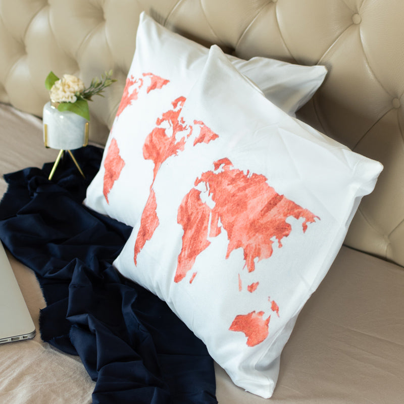 World Map Cushion Covers (Orange & White) (Set of 2) Cushion Cover June Trading   