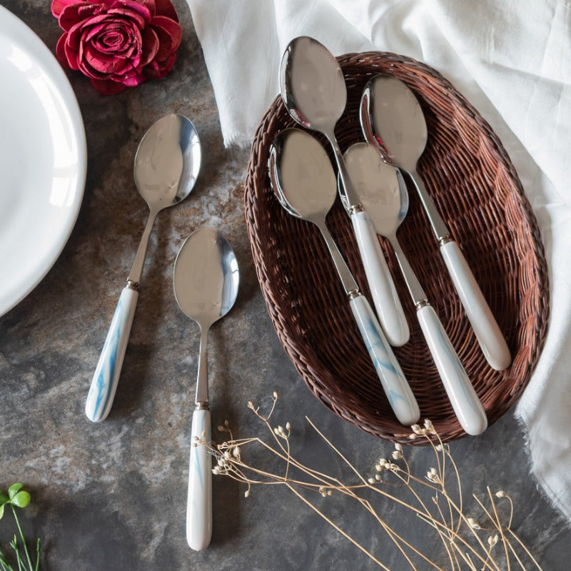 Spoon & Fork Set - White & Blue Cutlery June Trading Set of 6 Spoon  