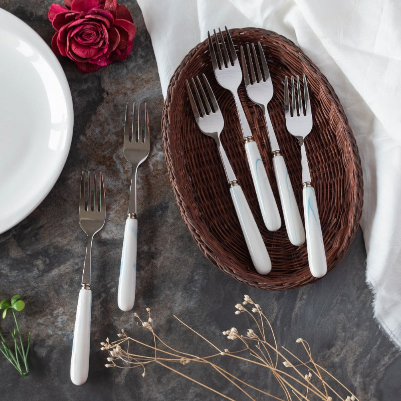 Spoon & Fork Set - White & Blue Cutlery June Trading Set of 6 Fork  