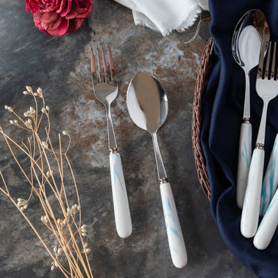 Spoon & Fork Set - White & Blue Cutlery June Trading   