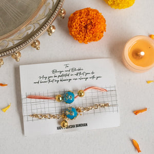 Turquoise Blue - Traditional Rakhis For Bhaiya & Bhabhi (Set Of 2) Rakhis June Trading   