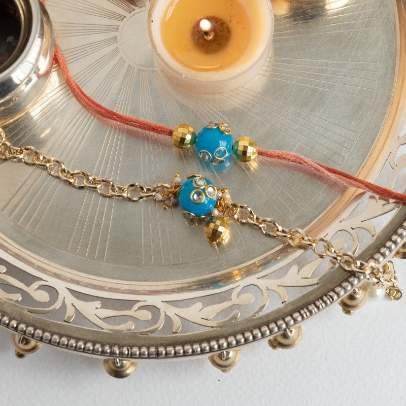 Turquoise Blue - Traditional Rakhis For Bhaiya & Bhabhi (Set Of 2) Rakhis June Trading   