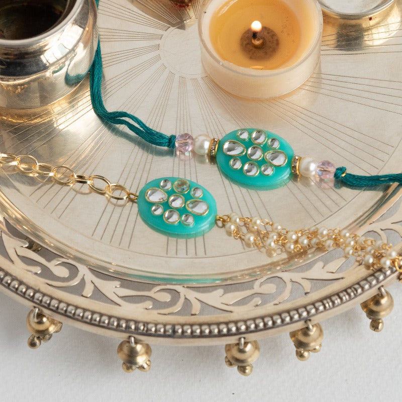 Sea Green Jadau - Traditional Rakhis For Bhaiya & Bhabhi (Set Of 2) Rakhis June Trading   