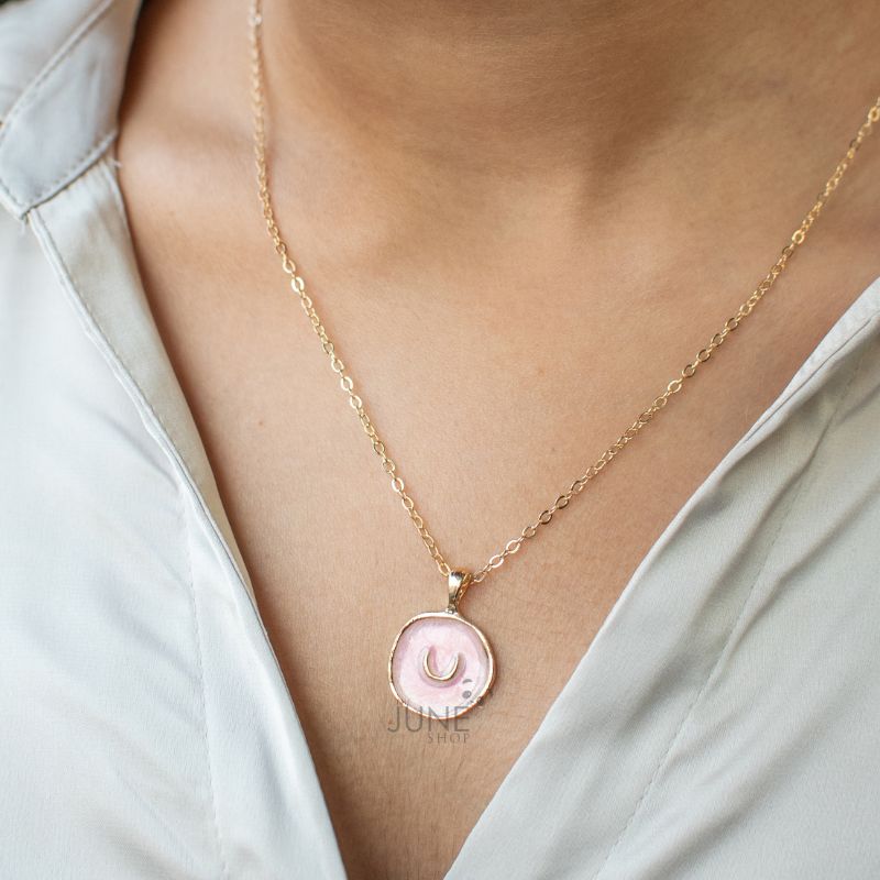 Gold Rimmed Blush Pink Moon Pendant - Necklace Necklace June Trading   