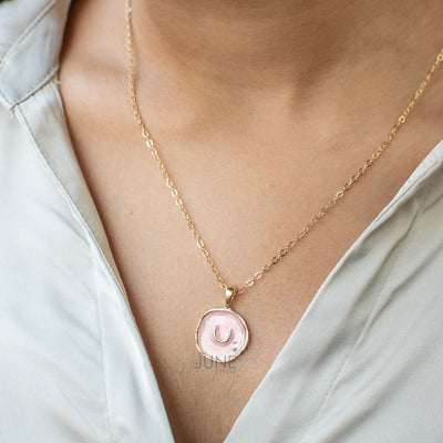 Gold Rimmed Blush Pink Moon Pendant - Necklace Necklace June Trading   