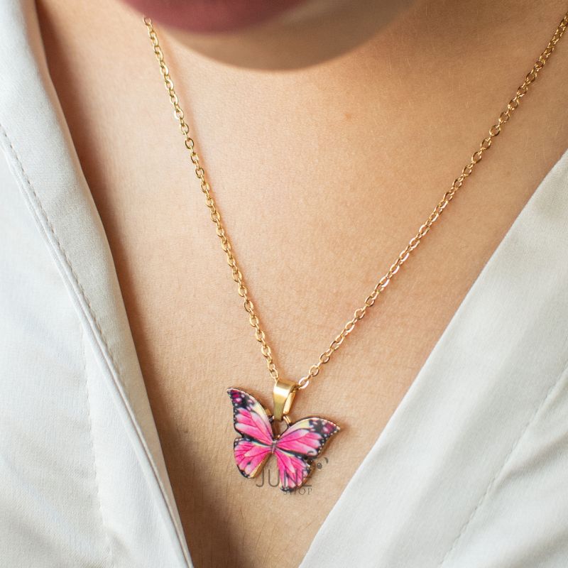 Pretty Pink Butterfly Pendant - Necklace Necklace June Trading   