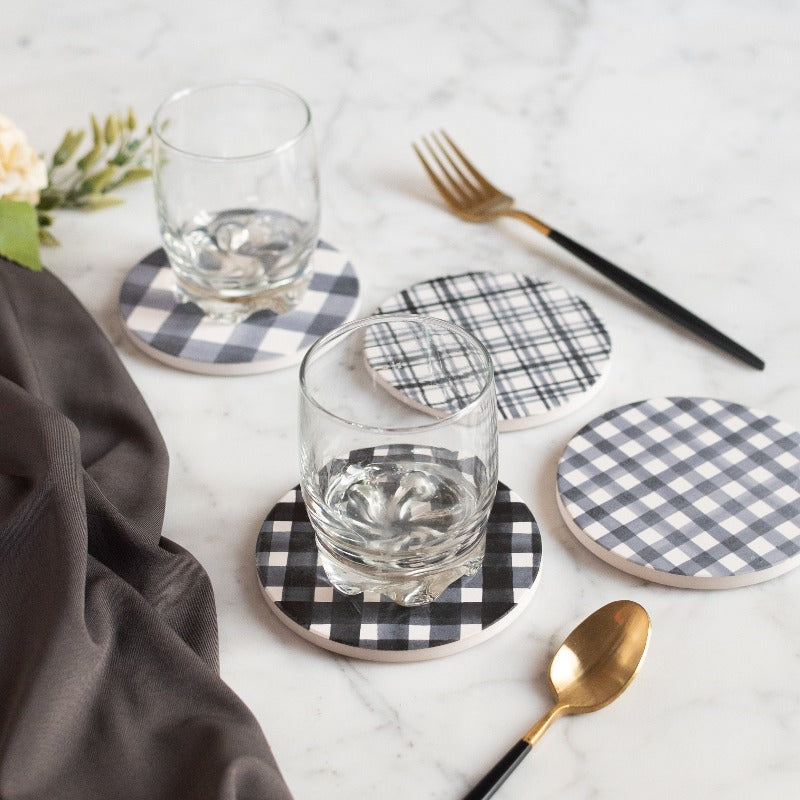 Checks Print Ceramic Coasters (Set of 4) Coasters June Trading   