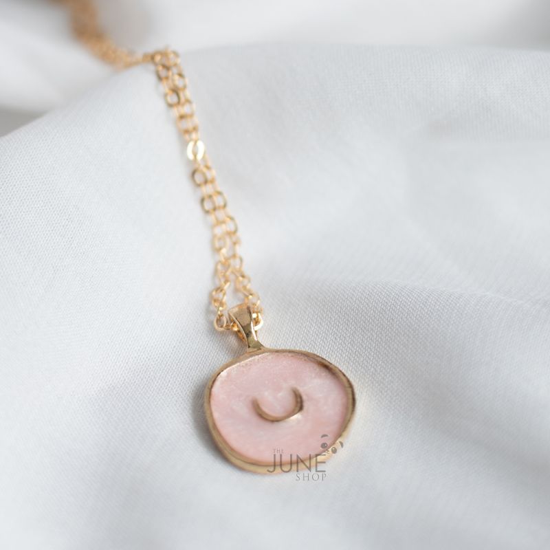 Gold Rimmed Blush Pink Moon Pendant - Necklace Necklace June Trading   