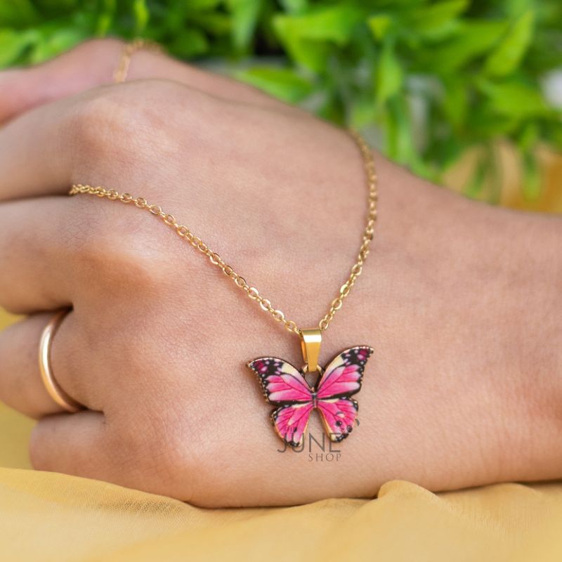 Pretty Pink Butterfly Pendant - Necklace Necklace June Trading   
