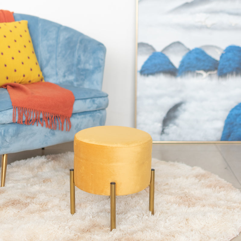 Elegant Suede Pouf With Gold Metal Stand Ottoman June Trading Mustard Yellow  