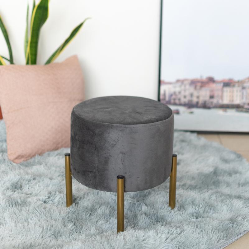 Elegant Suede Pouf With Gold Metal Stand Ottoman June Trading Ash Grey  