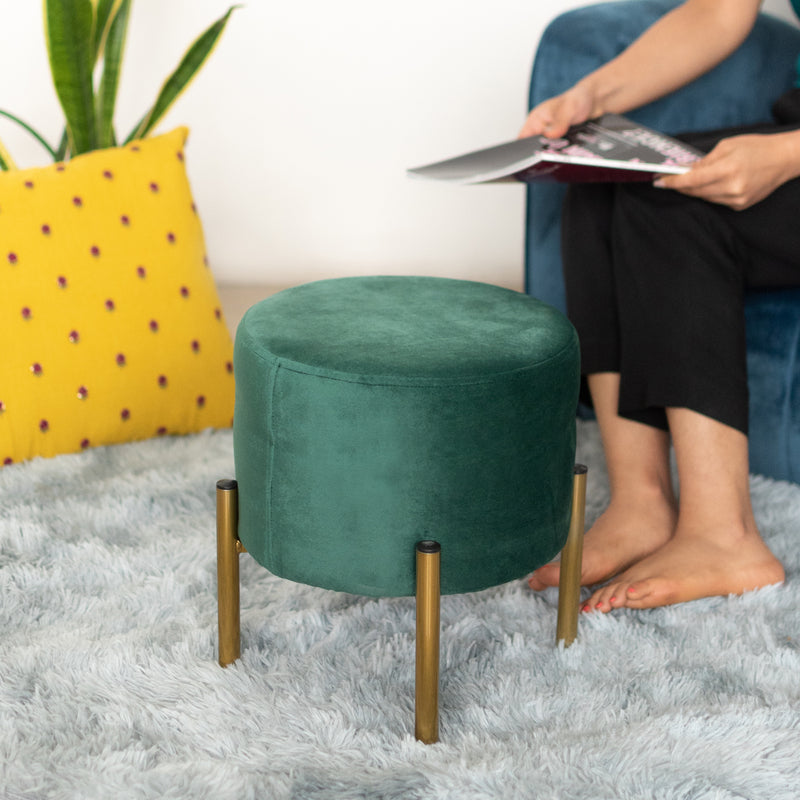 Elegant Suede Pouf With Gold Metal Stand Ottoman June Trading   