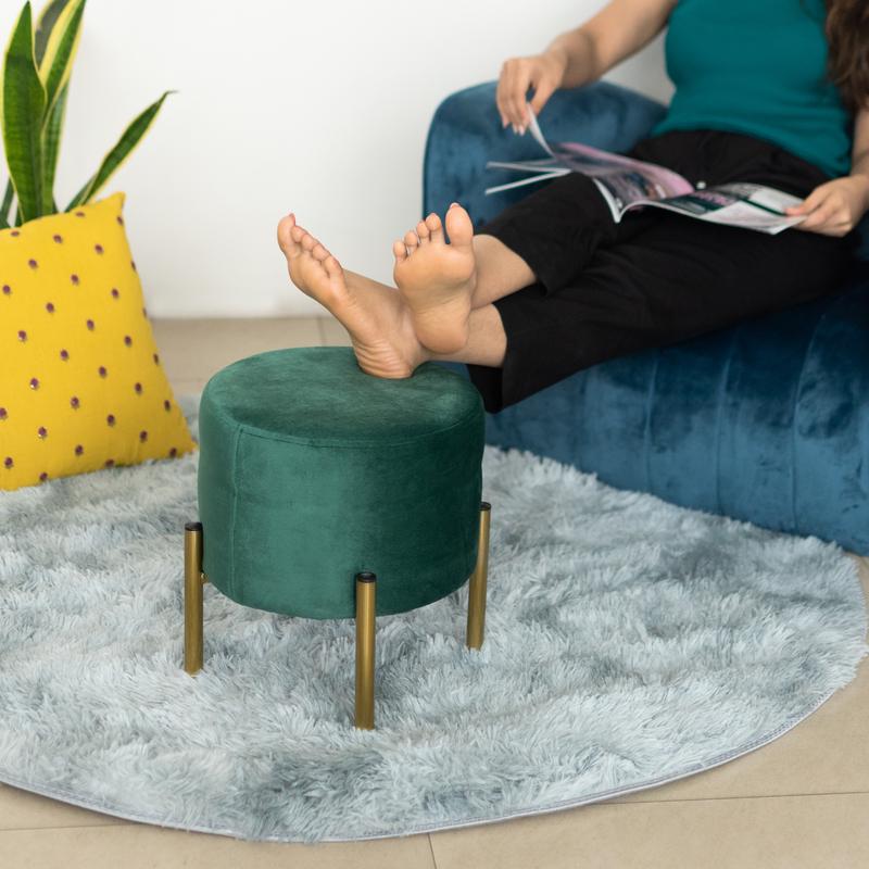 Elegant Suede Pouf With Gold Metal Stand Ottoman June Trading Pine Green  